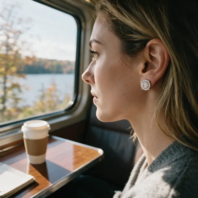 AI lifestyle image: train stud earrings, made by Grandior AI Studio