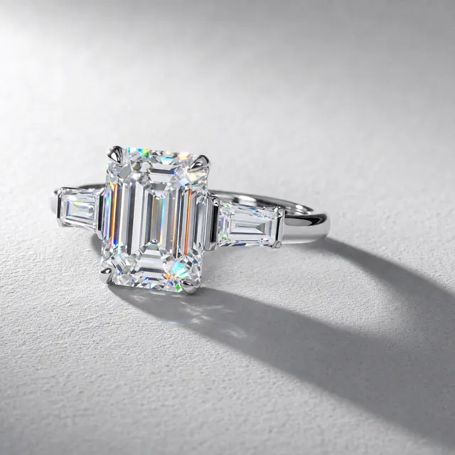 AI product photo image: emerald three stone, made by Grandior AI Studio