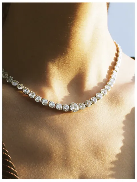 AI on model image: tennis necklace closeup, made by Grandior AI Studio
