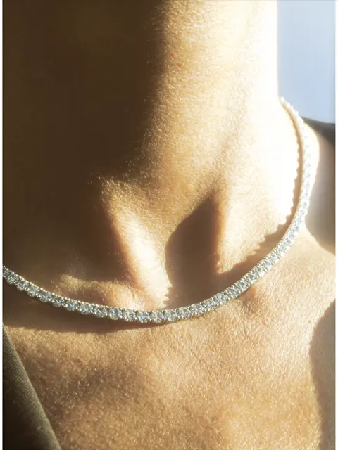 AI on model image: tennis necklace neck, made by Grandior AI Studio