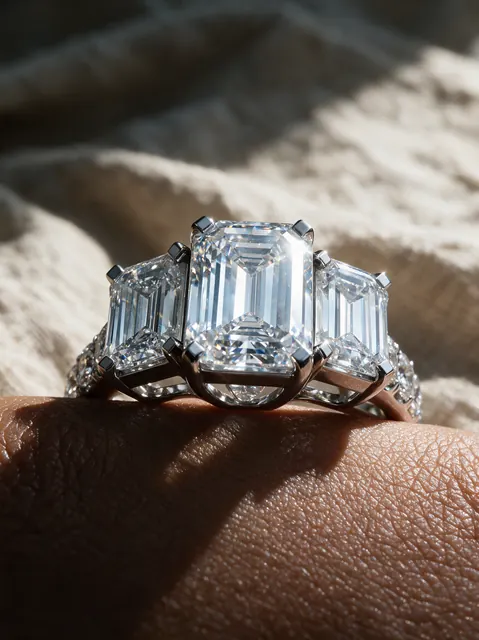 AI product photo image: emerald three stone linen, made by Grandior AI Studio