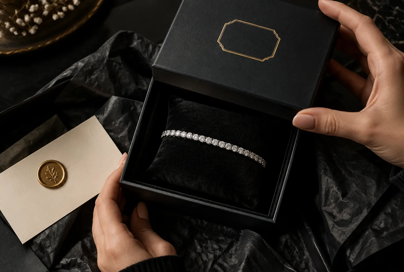 Custom jewelry packaging, a matte black box with gold foil emblem, lab-grown diamond tennis bracelet on velvet, wax seal