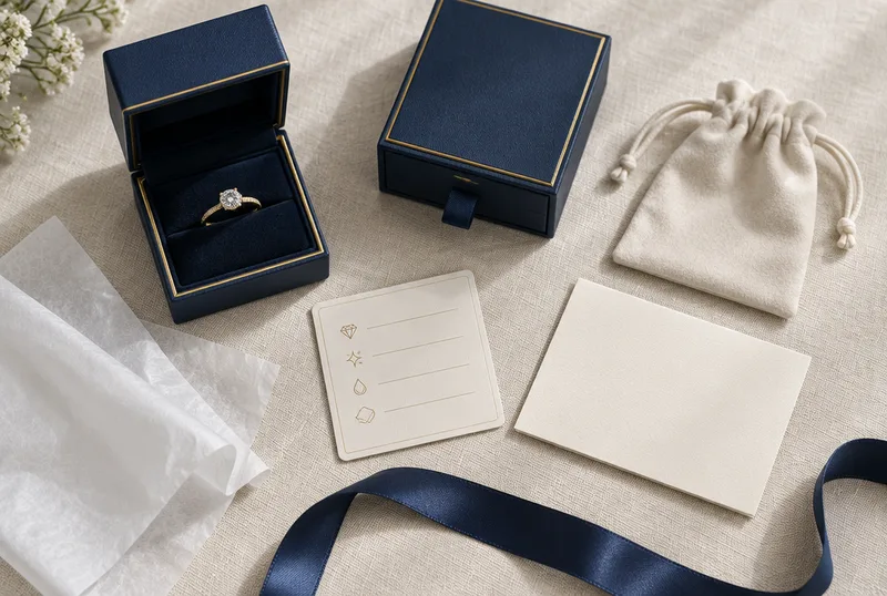 Custom jewelry packaging laid out as a set with a ring box, drawer box, pouch and printed cards