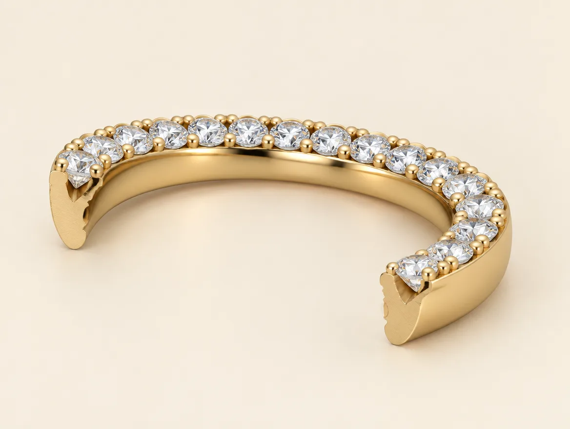 Cut-away of a pavé band showing small lab-grown diamonds set in a row