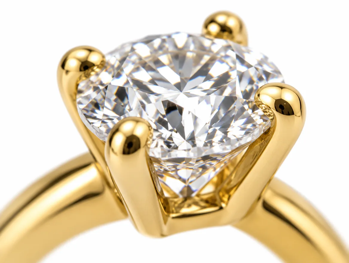 Close-up of four claw prongs holding a round lab-grown diamond