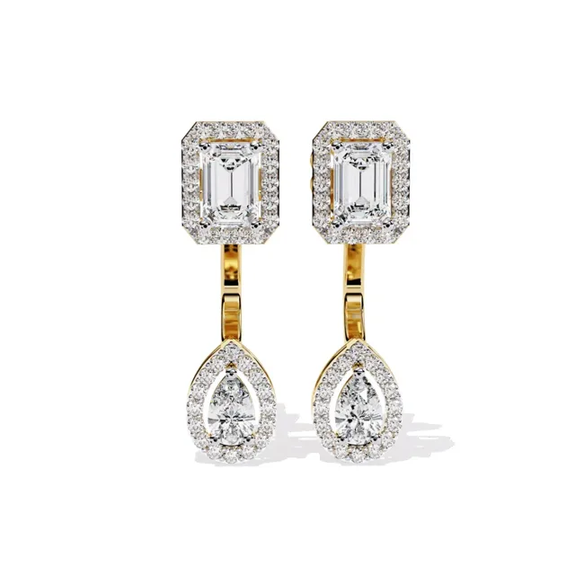 Emerald and pear halo drops, lab-grown diamond earring