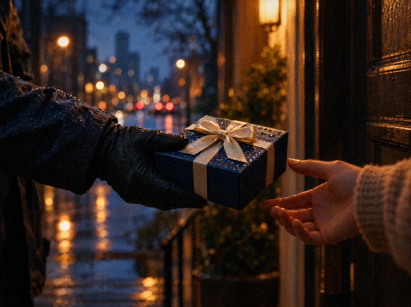 A courier handing a navy gift box tied with ribbon to a customer at the door