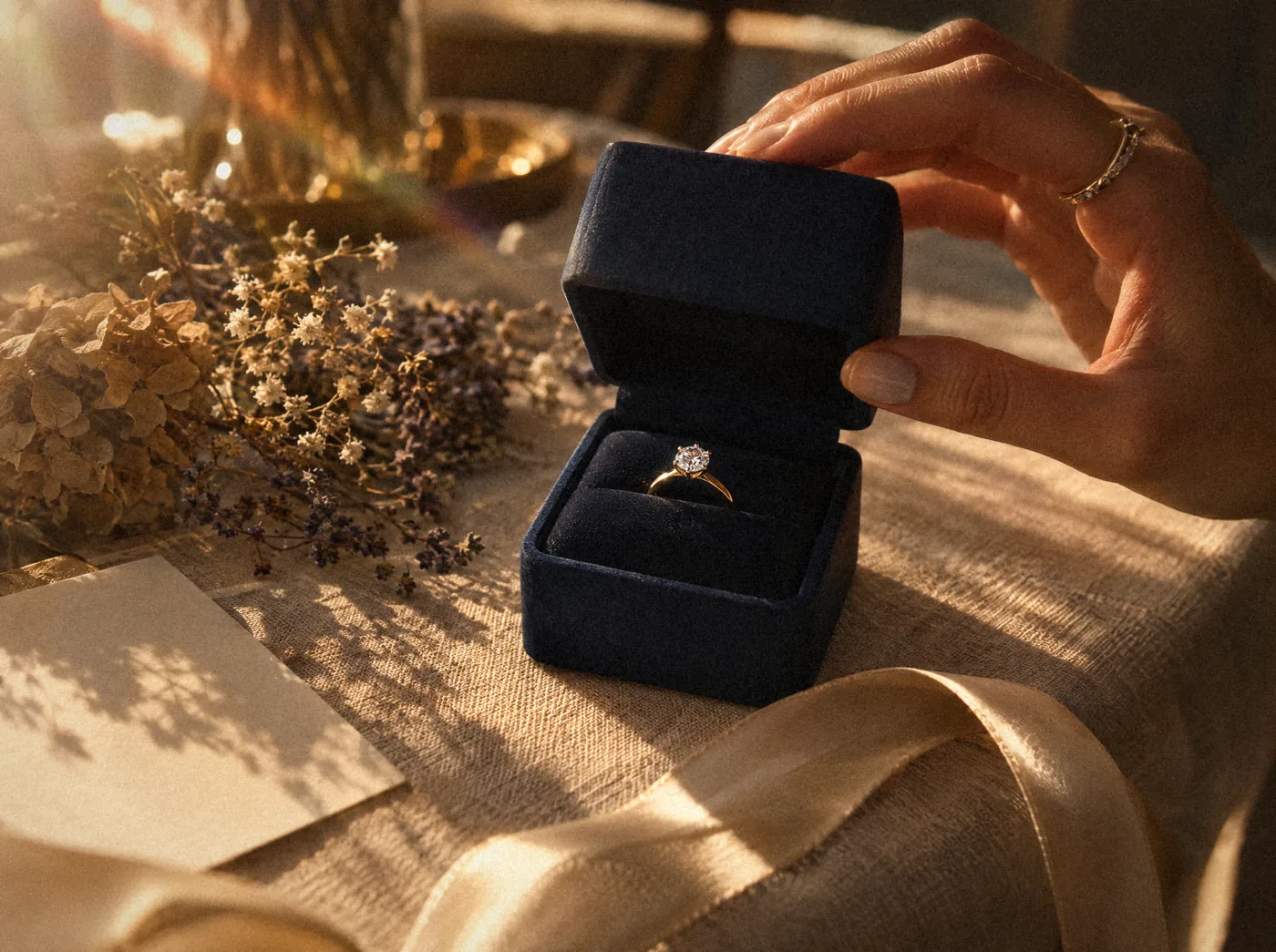 A hand opening a navy ring box with a lab-grown diamond solitaire in yellow gold